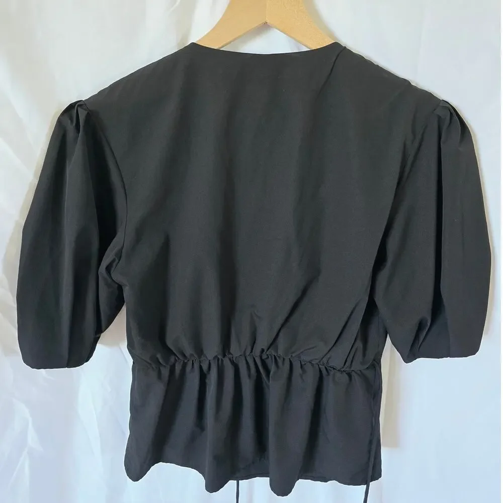Rebecca Minkoff Mary Wrap Blouse Size XS Black Crepe Puff Sleeve V-Neck